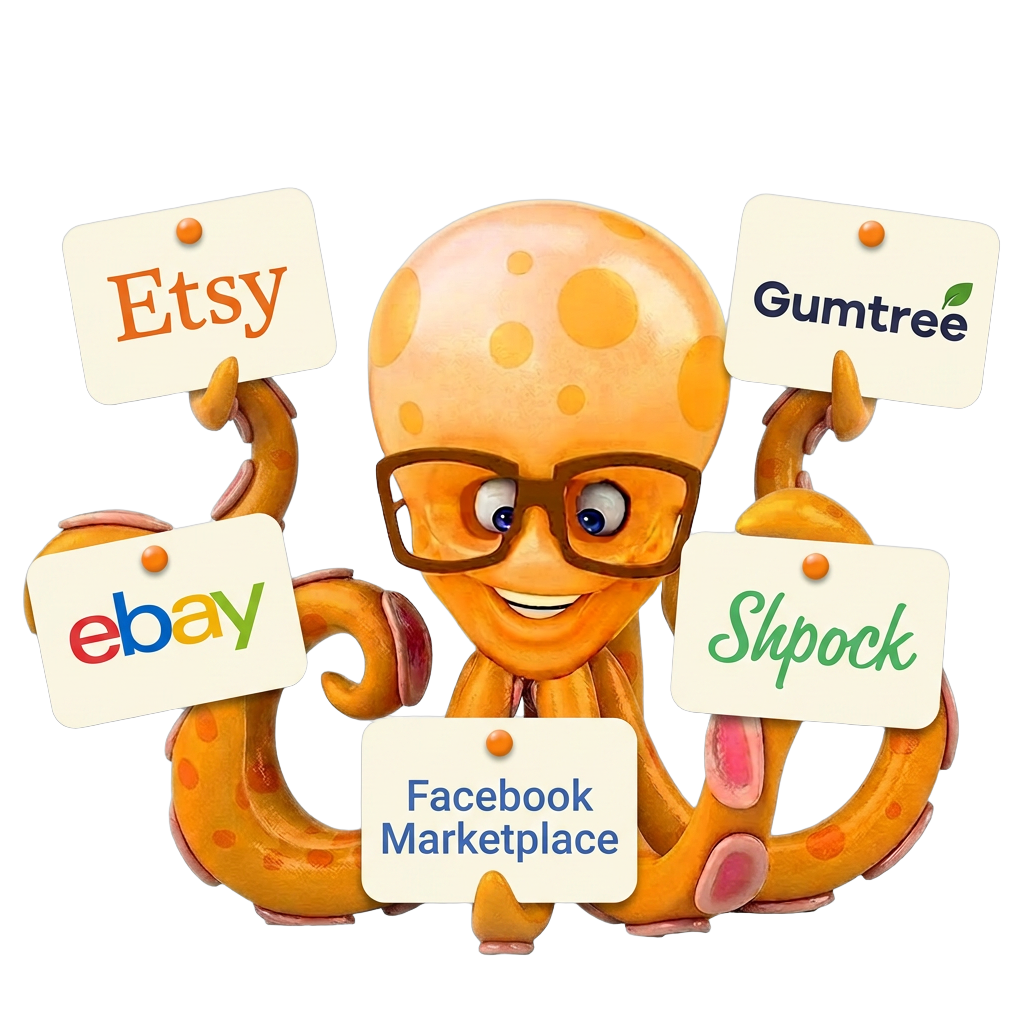 OctoFetch octopus mascot holding eBay, Etsy, Facebook Marketplace, Gumtree and Shpock signs