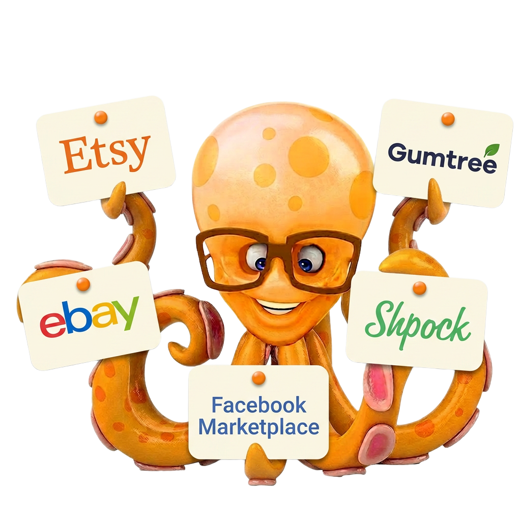 OctoFetch octopus mascot holding eBay, Etsy, Facebook Marketplace, Gumtree and Shpock signs
