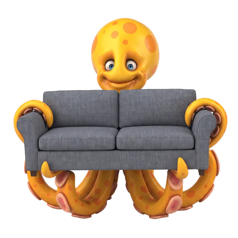 OctoFetch mascot carrying a grey sofa