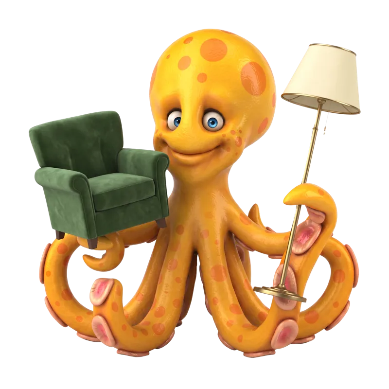 OctoFetch mascot holding an armchair and a floor lamp