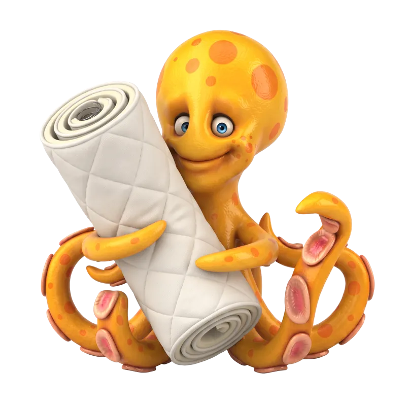 OctoFetch mascot carrying a rolled mattress