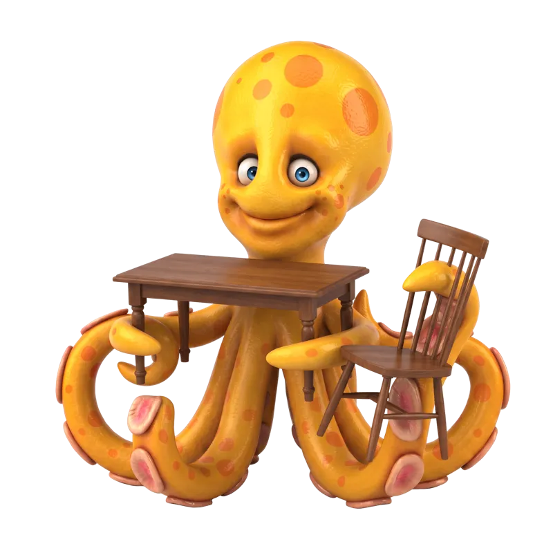 OctoFetch mascot with a table and chair